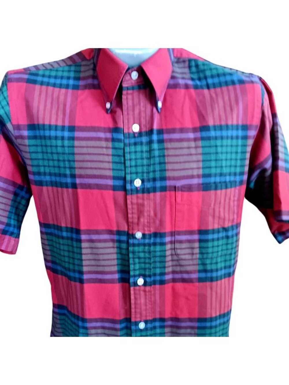 L.L. Bean Small 15 Vintage Men's Shirt Plaid Button-Down Camp Short Sleeve USA